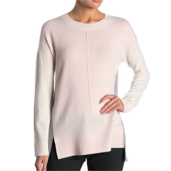 Catherine Malandrino Baby Pink Gray Colorblock 100% Cashmere Sweater Size Medium - Picture 1 of 9